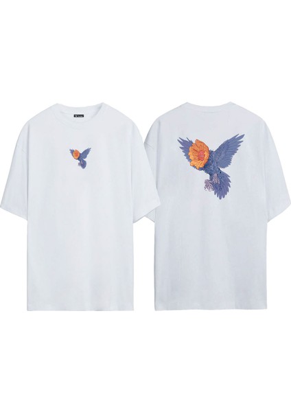 Unisex Sunflower Headed Bird Ön Arka Baskılı Beyaz Oversize T-Shirt