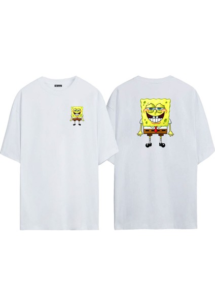 Unisex Patrick Star Sünger Bob Ön Arka Baskılı Beyaz Oversize T-Shirt