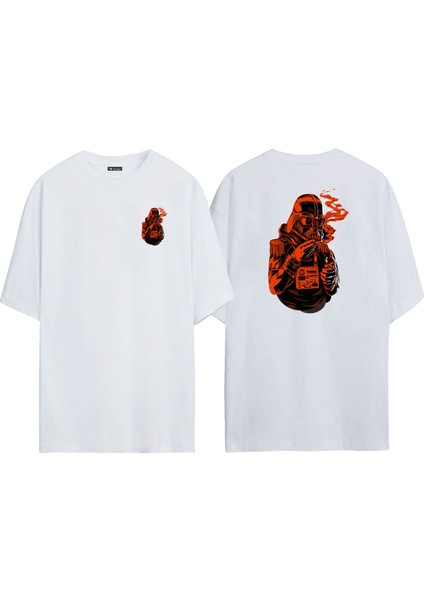 Unisex Star Wars Duman Ön Arka Baskılı Beyaz Oversize T-Shirt