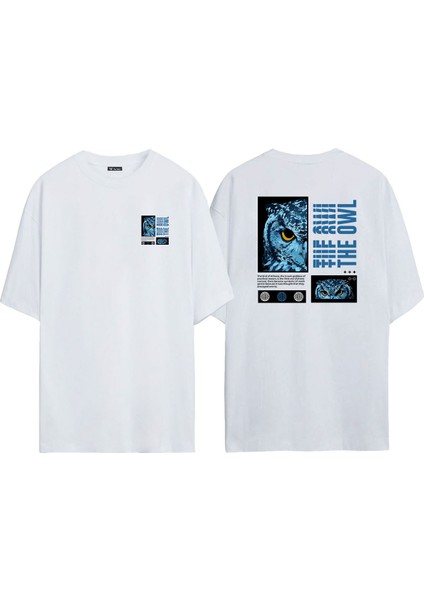 Unisex The Owl, Baykuş Ön Arka Baskılı Beyaz Oversize T-Shirt