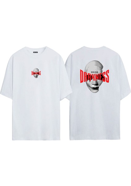 Unisex Dark Ness ,horızon Ön Arka Baskılı Beyaz Oversize T-Shirt