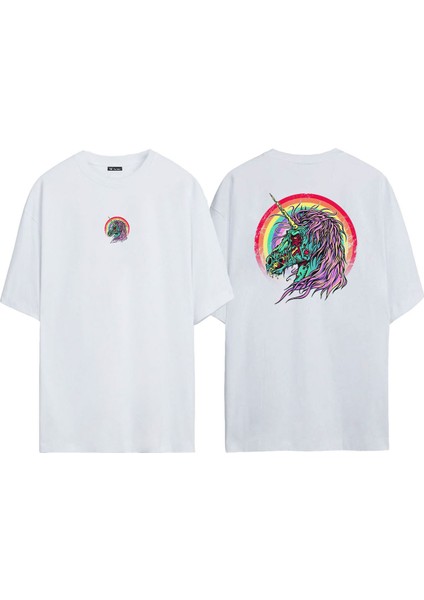 Unisex Deniz Mavisi ve Mor Unicorn Ön Arka Baskılı Beyaz Oversize T-Shirt