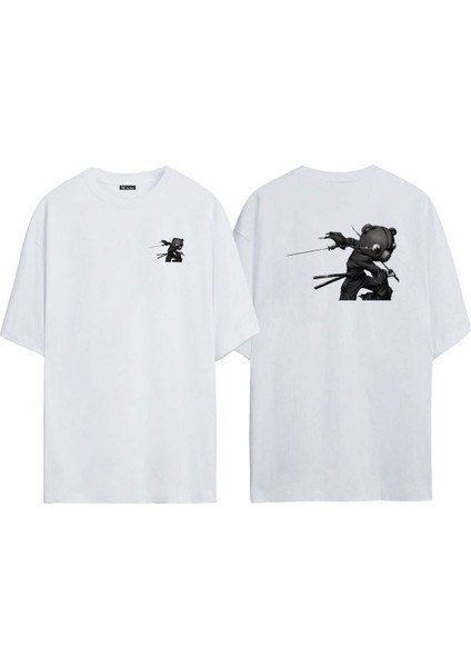 Unisex Revenge Of Kuma Ön Arka Baskılı Beyaz Oversize T-Shirt