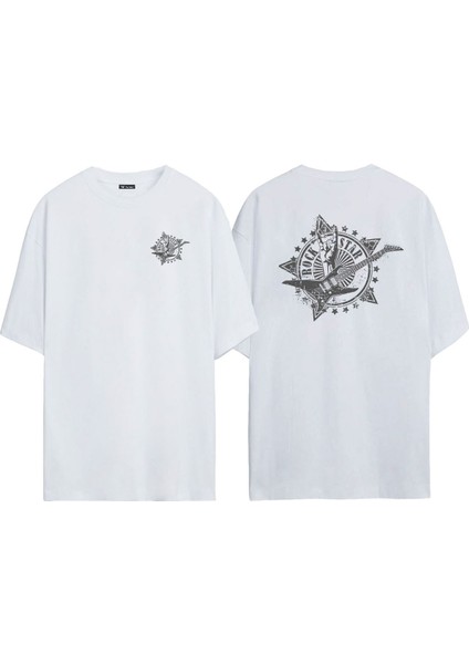 Unisex Rock Star Logo Illüstrasyon Ön Arka Baskılı Beyaz Oversize T-Shirt