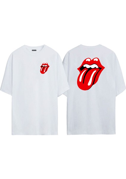Unisex Rolling Stones Logo Müzikal Topluluğu Ön Arka Baskılı Beyaz Oversize T-Shirt