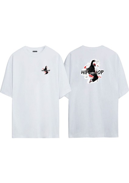 Unisex Hıpnoz Kuru Kafa Ön Arka Baskılı Beyaz Oversize T-Shirt