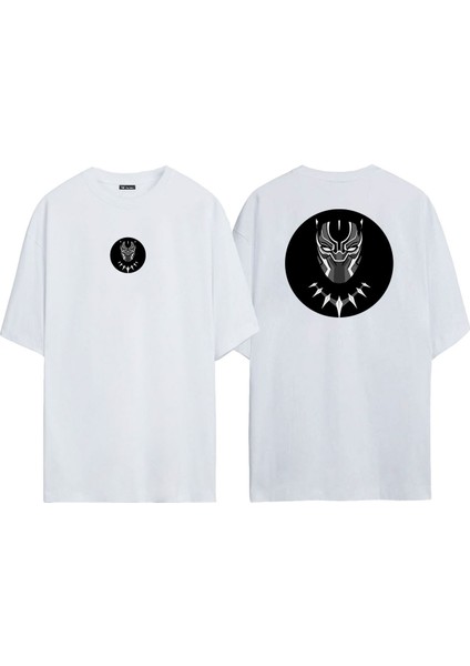Unisex Kara Panter Ön Arka Baskılı Beyaz Oversize T-Shirt
