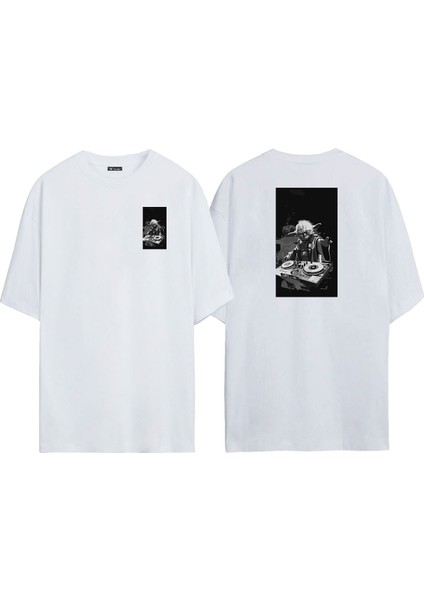 Unisex Star Wars Dj Yoda Ön Arka Baskılı Beyaz Oversize T-Shirt