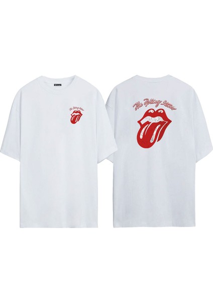 Unisex The Rolling Stones Ön Arka Baskılı Beyaz Oversize T-Shirt