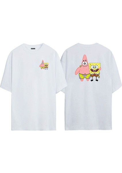 Unisex Spongebob Squarepants ve Patrick Star Ön Arka Baskılı Beyaz Oversize T-Shirt