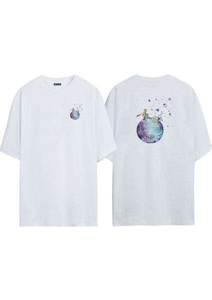 Unisex Küçük Prens Suluboya Ön Arka Baskılı Beyaz Oversize T-Shirt