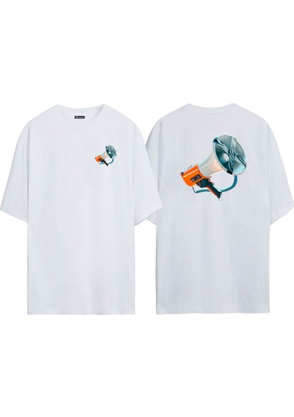 Unisex Megafon Ön Arka Baskılı Beyaz Oversize T-Shirt
