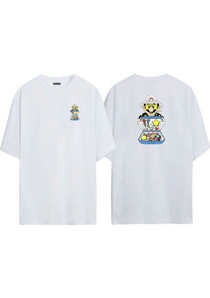 Unisex Mario ve Çantası Ön Arka Baskılı Beyaz Oversize T-Shirt