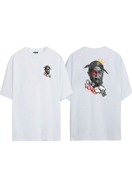 Unisex Tupac One Love Ön Arka Baskılı Beyaz Oversize T-Shirt
