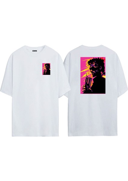 Unisex Tyler Durden Fıght Club Ön Arka Baskılı Beyaz Oversize T-Shirt