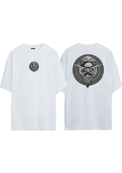 Unisex Zeus Yellow Eyes Ön Arka Baskılı Beyaz Oversize T-Shirt