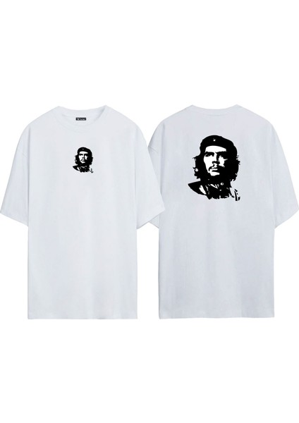 Unisex Che Guevara Ön Arka Baskılı Beyaz Oversize T-Shirt