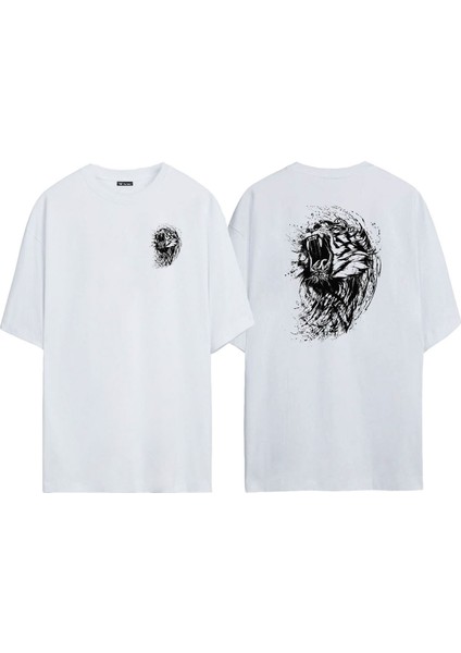 Unisex Wildcat Roar Kaplan Illüstrasyon Ön Arka Baskılı Beyaz Oversize T-Shirt