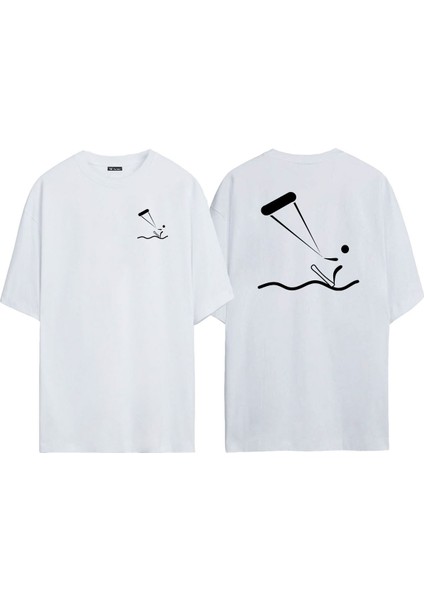 Unisex Yaratıcı Uçurtmalar Ön Arka Baskılı Beyaz Oversize T-Shirt