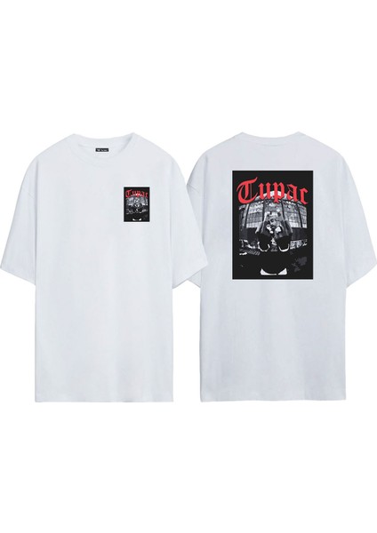 Unisex Tupac Factory Ön Arka Baskılı Beyaz Oversize T-Shirt