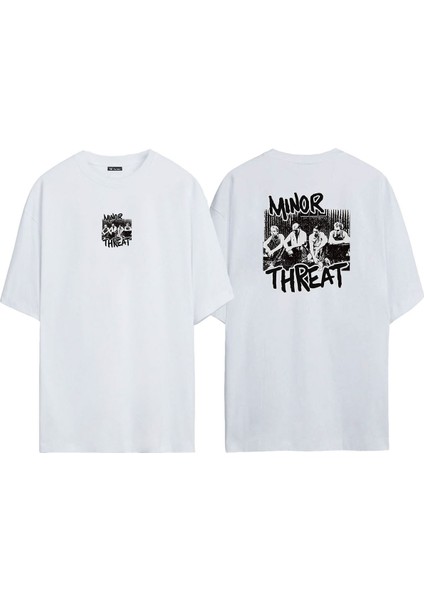 Unisex Mınor Threat Ön Arka Baskılı Beyaz Oversize T-Shirt