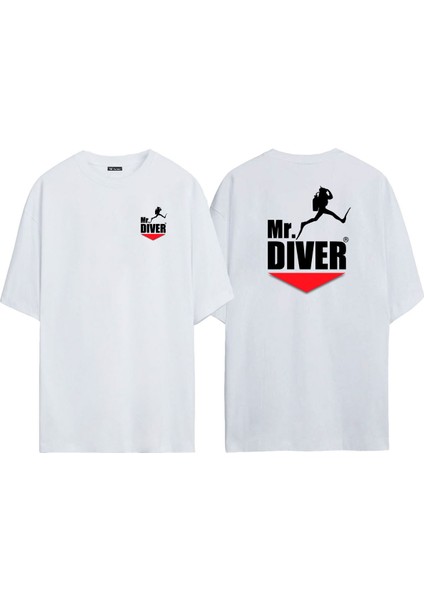 Unisex Tüplü Dalış Mr. Dıver Ön Arka Baskılı Beyaz Oversize T-Shirt
