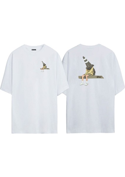 Unisex Kafasına Duba Geçirmiş Adam Ön Arka Baskılı Beyaz Oversize T-Shirt