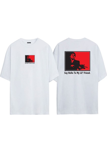 Unisex Al Pacino Scarface Tony Montana Hello Ön Arka Baskılı Beyaz Oversize T-Shirt