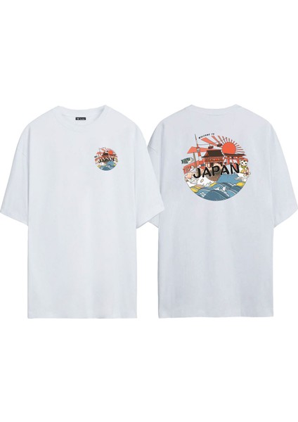 Unisex Japon Welcome To Ön Arka Baskılı Beyaz Oversize T-Shirt