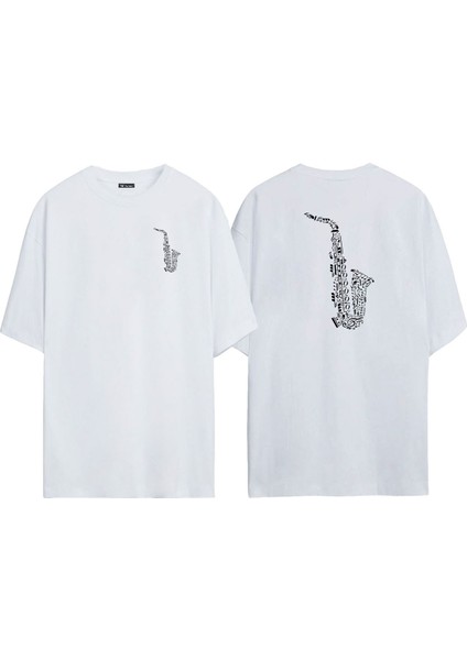 Unisex Notalar ve Saksafon Ön Arka Baskılı Beyaz Oversize T-Shirt