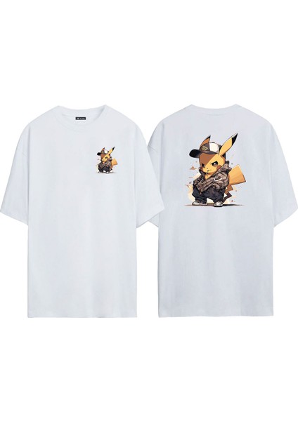 Unisex Pika Pika Pokemon Ön Arka Baskılı Beyaz Oversize T-Shirt