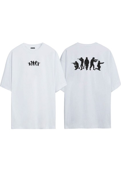 Unisex Savaş Alanları Siluet Siyah Için Ön Arka Baskılı Beyaz Oversize T-Shirt