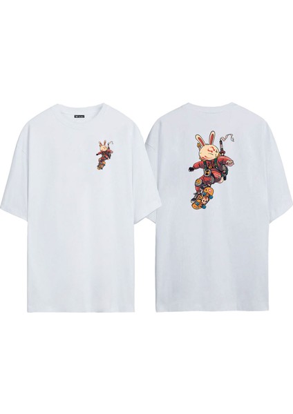 Unisex Samurai Rabbit With Skateboard Ön Arka Baskılı Beyaz Oversize T-Shirt
