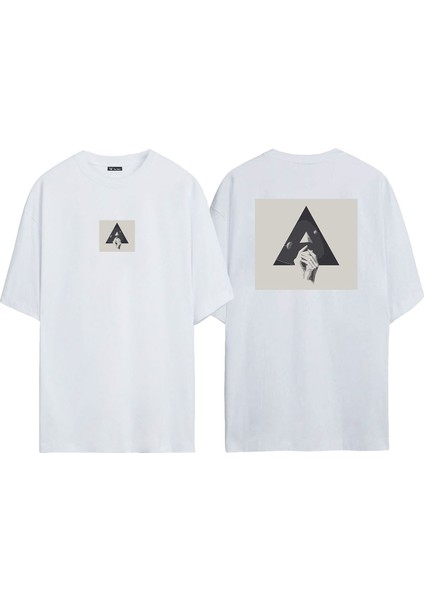 Unisex Collage, Hand Ön Arka Baskılı Beyaz Oversize T-Shirt