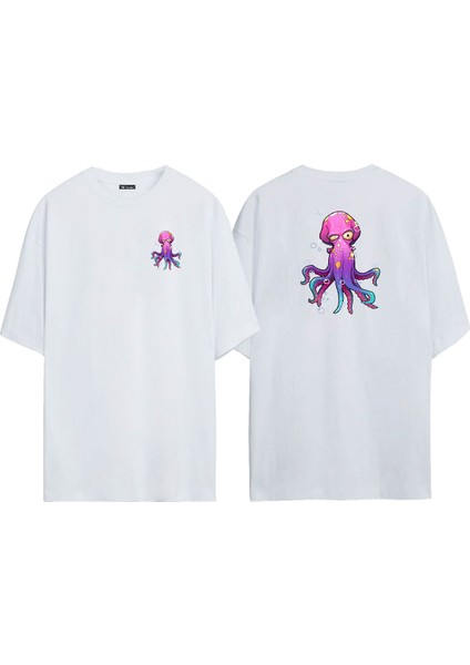 Unisex Renkli Ahtapot ve Baloncukar Ön Arka Baskılı Beyaz Oversize T-Shirt