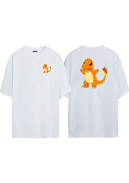 Unisex Pokemon Charmander Ön Arka Baskılı Beyaz Oversize T-Shirt