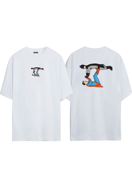 Unisex Batman ve Süperman Oyun Ön Arka Baskılı Beyaz Oversize T-Shirt