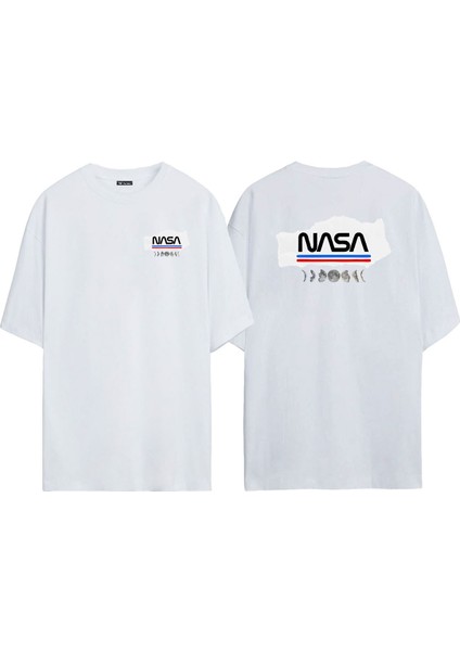 Unisex Nasa Ön Arka Baskılı Beyaz Oversize T-Shirt