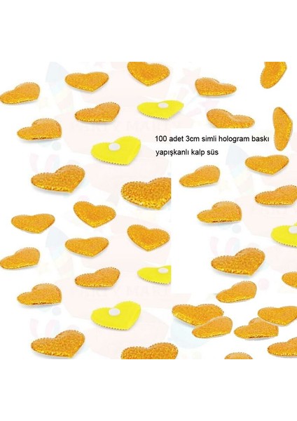 Yapıştırmalı Kalp Süsler 3 cm Hologram Baskı 100 Adet Simli Altın Renk