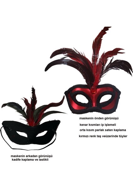 Arkadan Lastikli Kırmızı Renk Kumaş Kaplama Tüylü Parti Maskesi 1 Adet