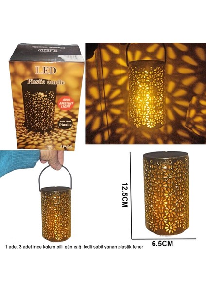 12,5x6,5 cm Altın Renk Plastik Gün Işığı LED Kandil Fener Papatya Desen