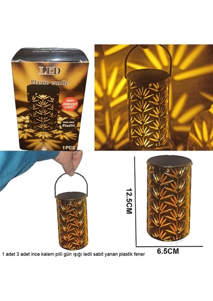 12,5x6,5 cm Altın Renk Plastik Gün Işığı LED Kandil Fener Yaprak Desen