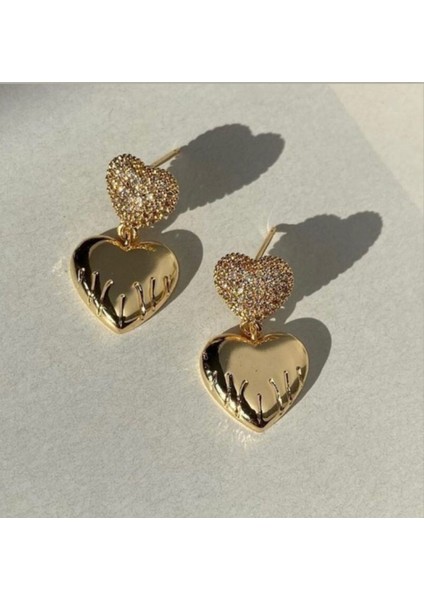 Zirkon Taşlı Çifte Kalp Model Kadın Gold Küpe fiyatları