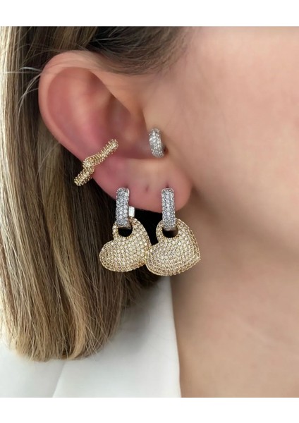 Full Zirkon Taşlı Gold ve Gümüş Karışımlı Çift Renk Kalp Model Küpe