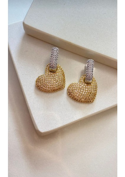 Full Zirkon Taşlı Gold ve Gümüş Karışımlı Çift Renk Kalp Model Küpe fiyatları