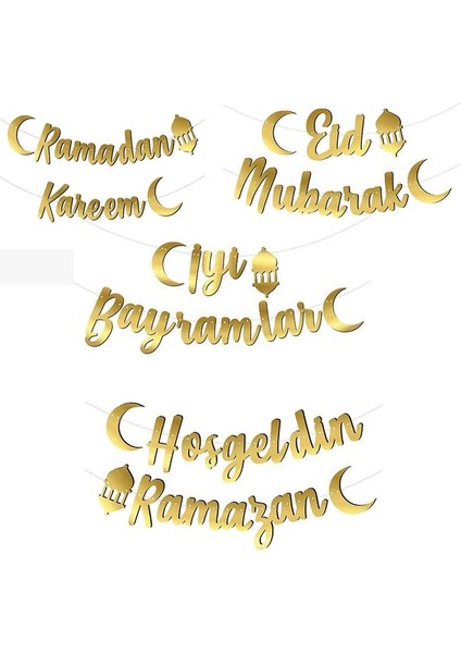 Ramadan Kareem Eid Mubarak Hoşgeldin Ramazan Iyi Bayramlar Kaligrafi Altın Kağıt Asma Süsü