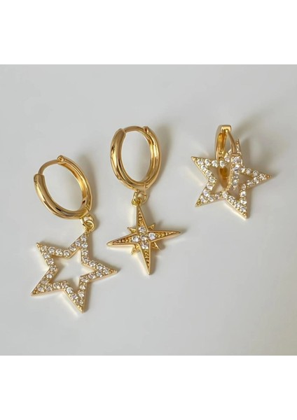 Zirkon Taşlı Gold 3lu Yıldız Küpe