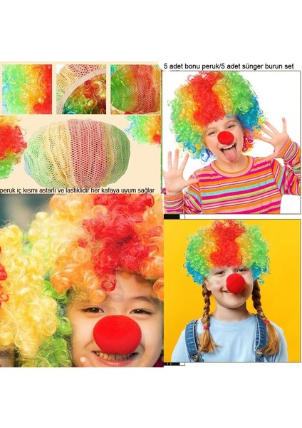 Gösteriler Için Çocuk Palyaço Bonus Peruk ve Burun Set 5 Adet