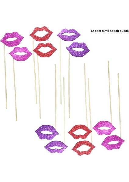 12 Adet Renkli Simli Sopalı Dudak Şeklinde Resim Çekilme Seti Bride