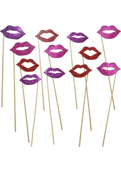 12 Adet Renkli Simli Sopalı Dudak Şeklinde Resim Çekilme Seti Bride fiyatları